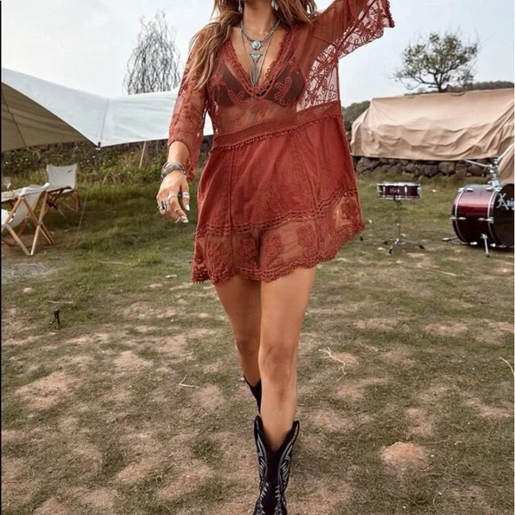 Bohemian Floral Embroidered Beach Cover up Burnt Orange - Picture 4 of 12